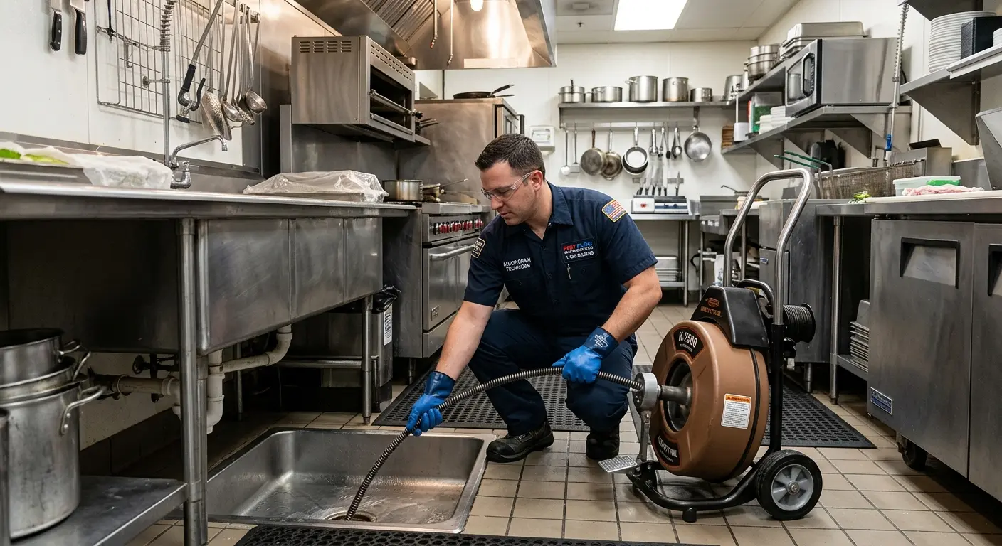 Commercial drain cleaning service in a restaurant kitchen in Tysons