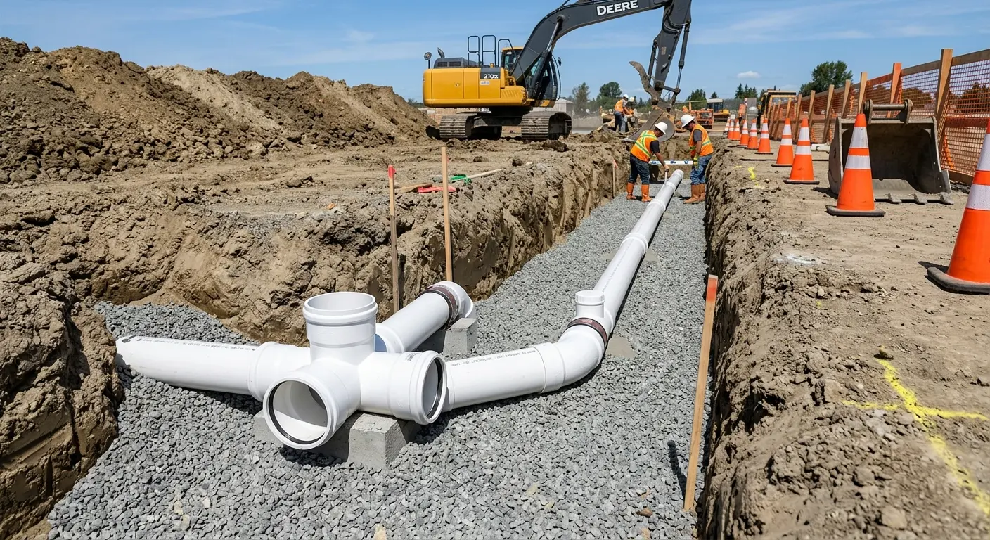 New PVC sewer pipe installation in open trench for Sewer Backup in Tysons
